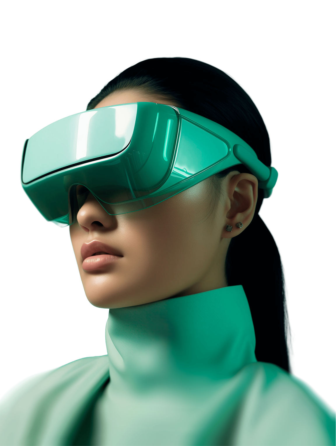 Persona con un visor 1bit rodeada de bloques de vidrio flotantes